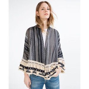 Zara navy blue cream tassel embellished stripe cotton open front cardigan